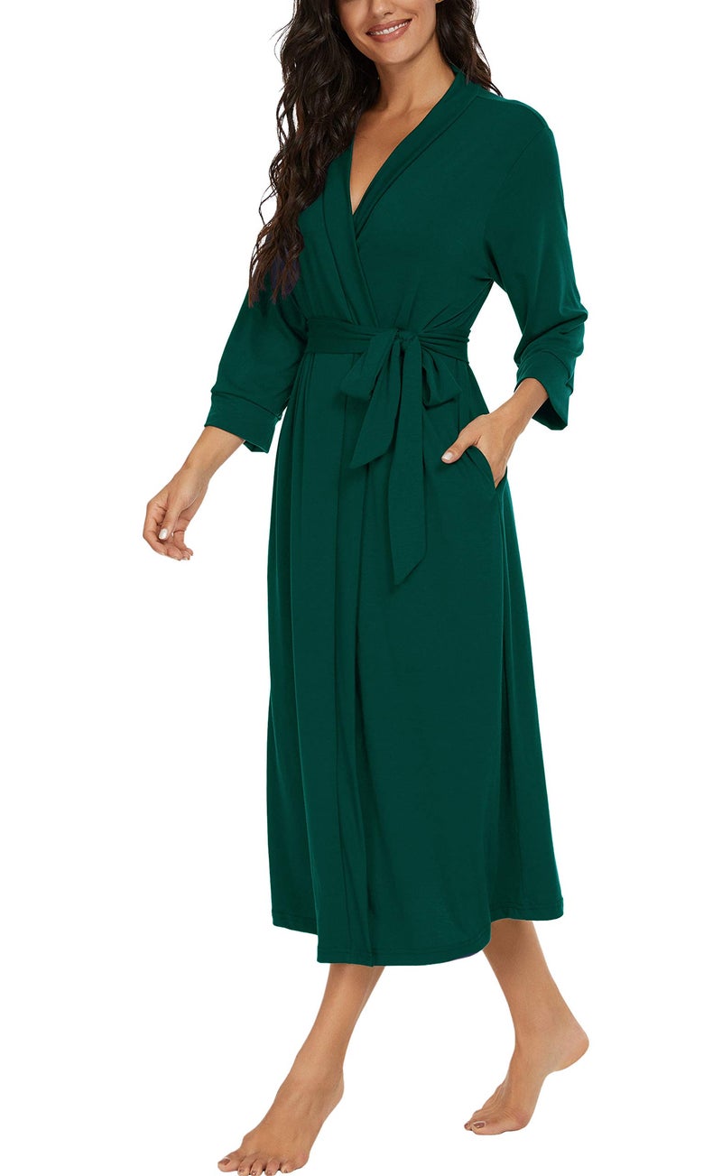 VINTATRE Women Kimono Robes Long Knit Bathrobe Lightweight Soft Knit Sleepwear V-neck Casual Ladies Loungewear Dark Green-Medium - Image 2